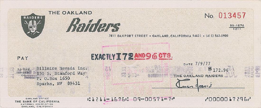 Al Davis: Football Hall of Famer who owned the Oakland Raiders (1929-2011). Oakland Raiders business check, 8.5 x 3.5, filled out in type and signed by Davis, "Allen Davis," payable to Billmire Nevada, Inc. for