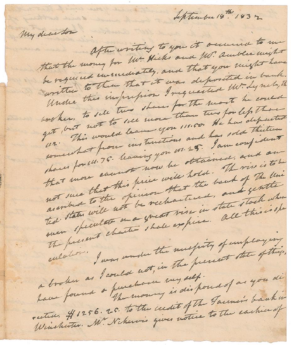 John Marshall: ALS signed “J. Marshall,” one page both sides, 6.25 x 7.5, September 18, 1832. Letter to his son, James K. Marshall, concerning the sale of some bank stock. In part: "After writing to you it occur