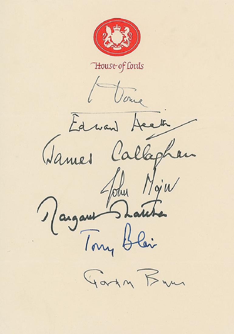 British Prime Ministers: Appealing off-white 5.75 x 8.25 House of Lords stationery signed in ink or fountain pen by seven former British prime ministers: Tony Blair, Gordon Brown, James Callaghan, Alec Douglas-Home, Edward He