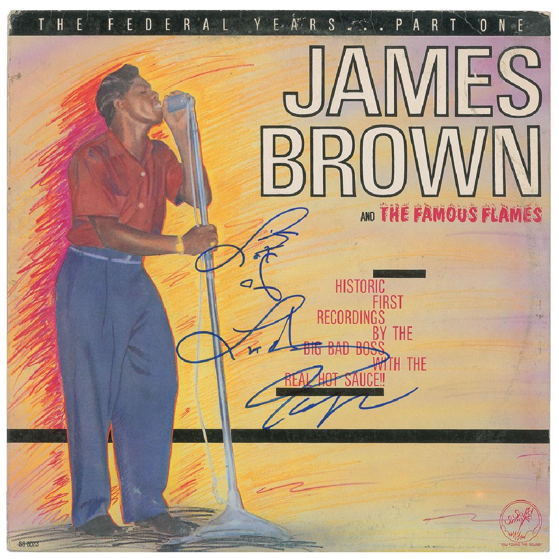 James Brown Signed Album: The Federal Years: Part One album signed on the front cover in blue felt tip, "Lots of love, James Brown." In very good to fine condition, with light creasing and price sticker residue to the upper ri