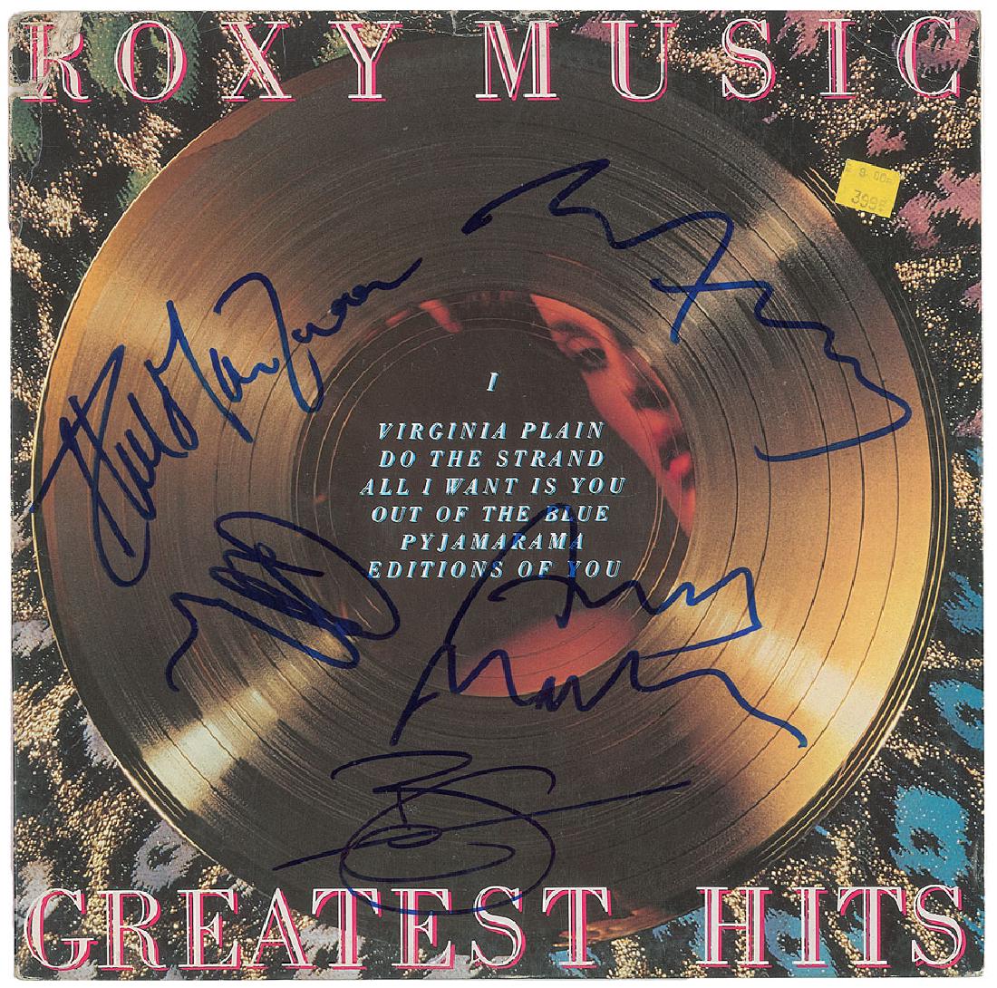 Roxy Music Signed Album: Greatest Hits album signed on the front cover in blue felt tip by Bryan Ferry, Brian Eno, Andy Mackay, Phil Manzanera, and Rik Kenton. In very good to fine condition, with an affixed price sticker, an