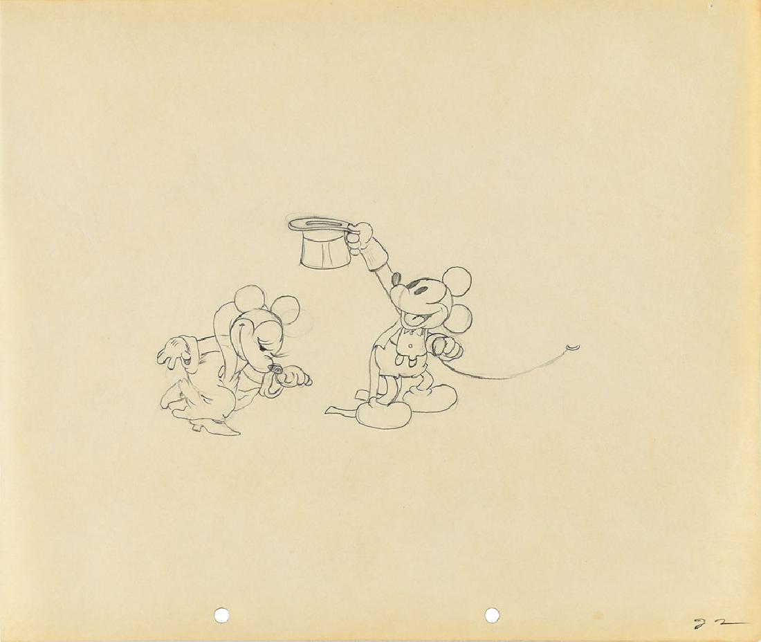 Mickey and Minnie Mouse production drawing from: (Walt Disney Studios, 1933) Original production drawing featuring Mickey and Minnie Mouse from Mickey's Gala Premier, showing the tuxedoed Mickey waving his top hat as Minnie curtsies. Accomplished in