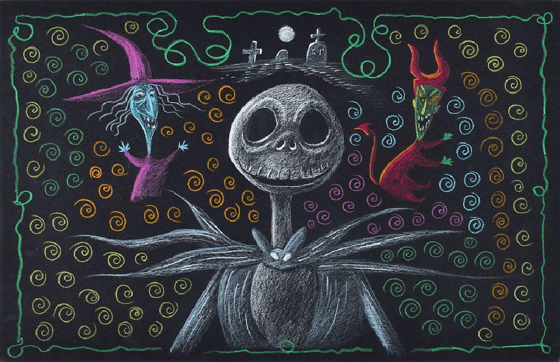Jack Skellington, Lock, and Shock concept storyboard: (Walt Disney Studios, 1993) Original storyboard concept drawing of Jack Skellington, Lock, and Shock from Tim Burton's animated dark fantasy The Nightmare Before Christmas, showing Skellington in a wo