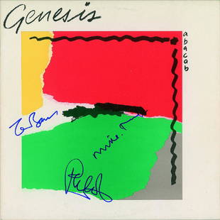 Genesis Signed Album: Abacab album signed on the front cover in blue felt tip by Phil Collins, Tony Banks, and Mike Rutherford. A small glossy photo signed in black felt tip by Rutherford is affixed to the reverse. In fine