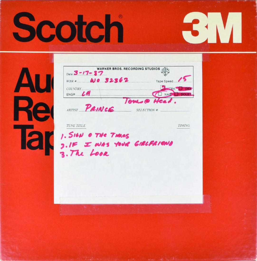 Prince Sign o' the Times Tape Reel: Reel of Scotch audio tape with a Warner Bros. Recording Studios slip affixed to the front of the box, reading: "Date: 3-17-87, WBR# WO 32362, Tape Speed: 15…Artist: Prince, Tune Title: 1. Sign o
