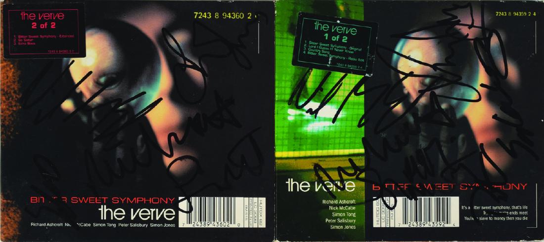 The Verve Pair of Signed CDs: UK import CD singles for 'Bittersweet Symphony,' parts one and two, with both front covers signed in black felt tip by Richard Ashcroft, Nick McCabe, Simon Jones, Peter Salisbury, and Simon Tong. In o