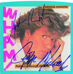 Wham! Signed 45 RPM Record: Columbia Records 45 RPM single record for 'Careless Whisper,' signed on the sleeve in blue felt tip by George Michael and Andrew Ridgeley. In fine condition. The record is included. Provenance: From T