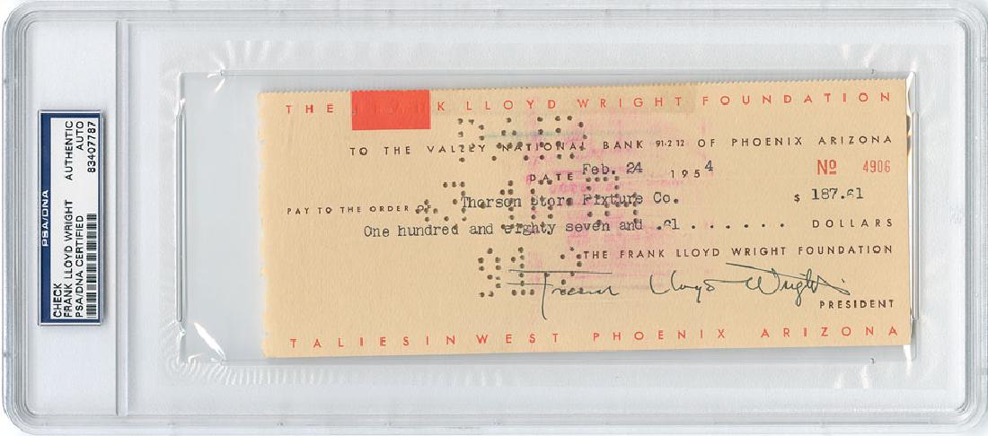 Frank Lloyd Wright: Attractive Frank Lloyd Wright Foundation business check, 8.25 x 3.25, filled out in type and signed by Wright, "Frank Lloyd Wright," payable to Thorson Store Fixture Co. for $187.61, February 24, 1954