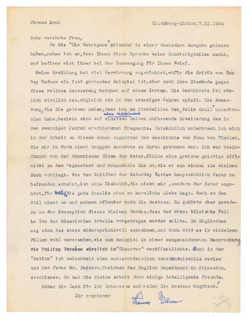 Thomas Mann: TLS in German, one page, 8.5 x 11, November 7, 1954. Letter to Alice K. Orlan, in part (translated): "Obviously, you have read The Deceived in its original German version. You thus reveal your command