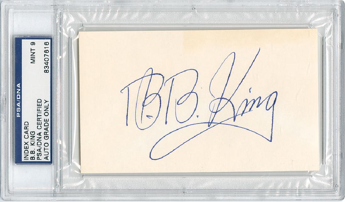 Music: Diverse group of five musical signatures on individual slips and cards, ranging in size from 3.5 x 2 to 5.5 x 3.5, including: John Williams, Ravi Shankar, Sting, B. B. King, and Priscilla Presley. All