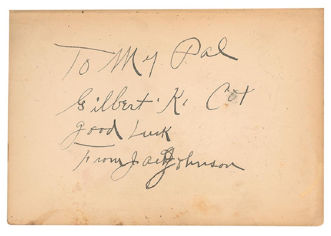 Jack Johnson Signed 1927 Hardcover First Edition of: Signed book: Jack Johnson—In The Ring—And Out. First edition. Chicago: National Sports Publishing Company, 1927. Hardcover with dust jacket, 5.5 x 7.75, 259 pages. Vertically signed and inscribed