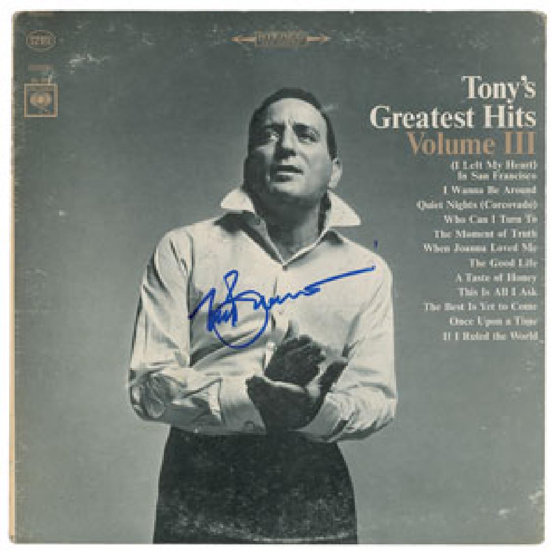 Tony Bennett Signed Albums: Two Tony Bennett albums—My Heart Sings and Tony's Greatest Hits, Vol. III—both signed on the front cover in blue felt tip. In overall very good to fine condition, with light scuffing, and one affi
