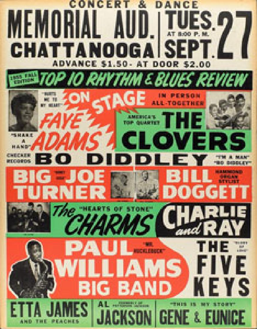 Bo Diddley and Etta James Rhythm & Blues 1955: Original color 22 x 28.25 poster for a "Concert & Dance" billed as "1955 Fall Edition: Top 10 Rhythm & Blues Review," featuring Bo Diddley, Etta James, Faye Adams, The Clovers, Big Joe Turner, Bill Do
