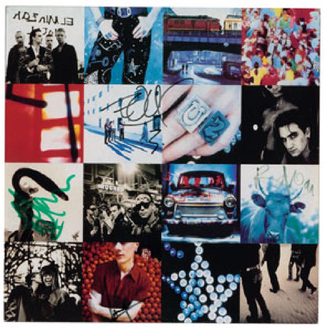 U2 Signed Album: Achtung Baby album signed on the front cover in black felt tip, "Edge," "Bono, 91," and "Larry," and in green felt tip, "Adam." Bono also signs the back cover in blue felt tip, "B.," and adds a hat to