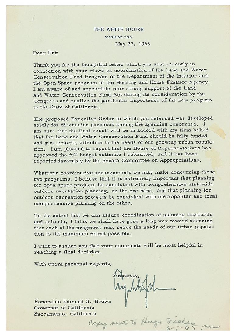 Lyndon B. Johnson: TLS, one page, 7 x 10.25, White House letterhead, May 27, 1965. Letter to California Governor Pat Brown, in part: "Thank you for the thoughtful letter which you sent recently in connection with your v