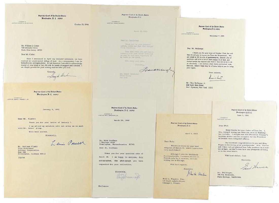 Supreme Court: Group lot of seven TLSs, each one page, individually signed by a Supreme Court Justice, including (dates in parentheses): Frank Murphy (March 21, 1949), John Marshall Harlan (April 9, 1955), Earl Warr