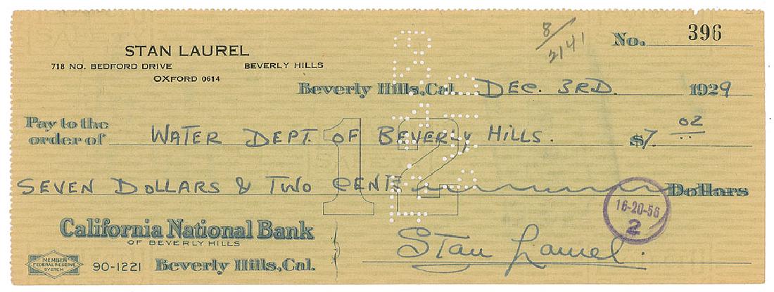 Stan Laurel: Personal check, 8.25 x 3, filled out and signed by Laurel, "Stan Laurel," payable to Water Dept. of Beverly Hills for $7.02, December 3, 1929. In fine condition. Format: Check