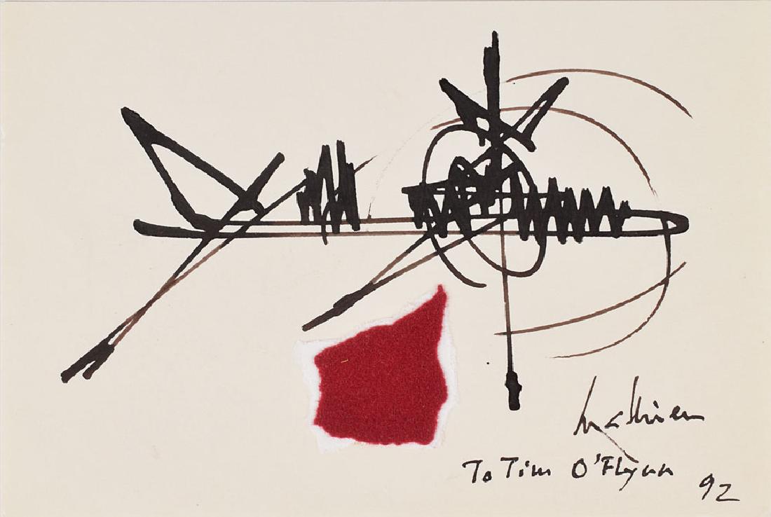 Georges Mathieu: French abstract painter (1921-2012) considered one of the fathers of European lyrical abstraction. Original abstract ink sketch accomplished by Mathieu on a white 6 x 4 card, signed and inscribed in t