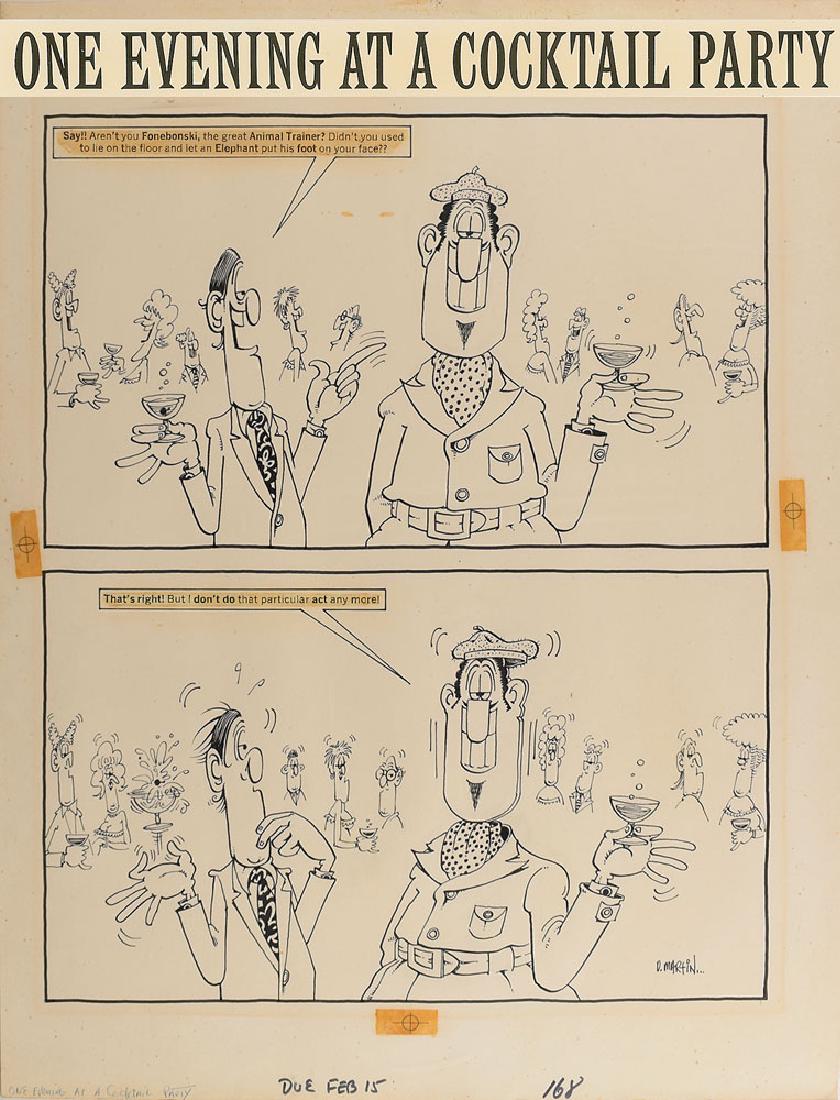 MAD: Don Martin: Original hand-inked two panel MAD magazine comic strip by Don Martin, 17.25 x 22.75, signed in the lower right corner with his artist signature, “D. Martin.” The comic is entitled "One Evening at