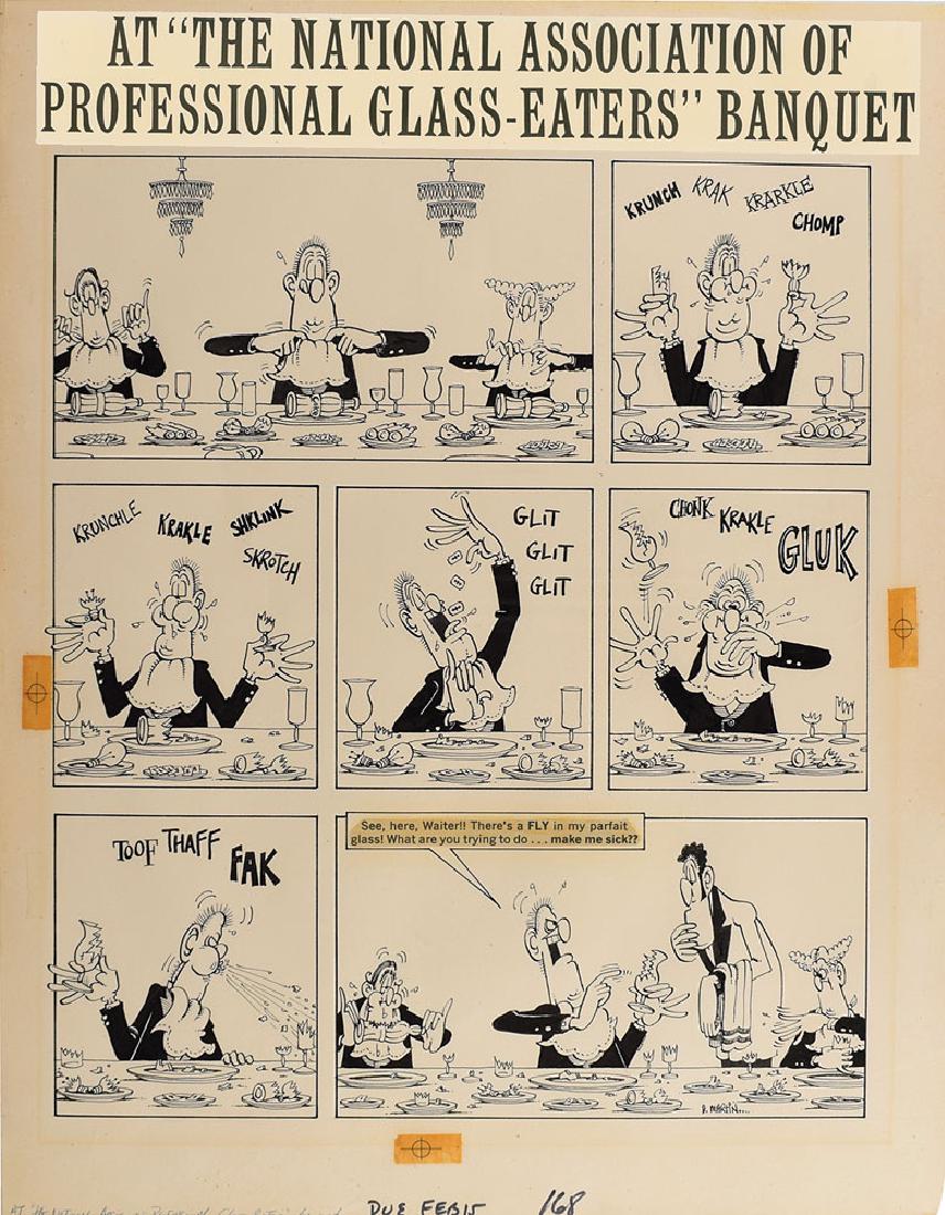 MAD: Don Martin: Original hand-inked seven panel MAD magazine comic strip by Don Martin, 17.25 x 22.25, signed in the lower right corner with his artist signature, “D. Martin.” The first four panels of the comic,