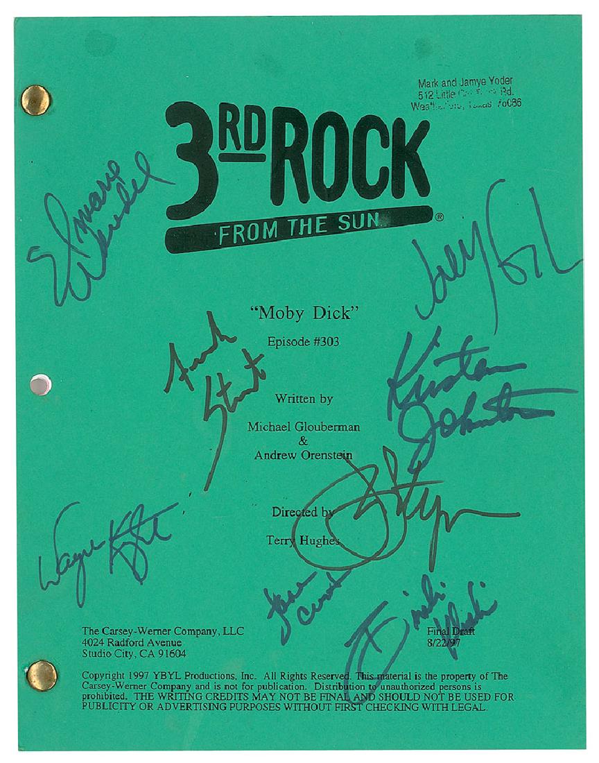 3rd Rock from the Sun Cast-signed Script: Brad-bound white-and-pink final draft script for the 3rd Rock from the Sun episode 'Moby Dick,' season three, episode six, 55 pages, 8.5 x 11, dated August 22, 1997, signed on the front cover in black