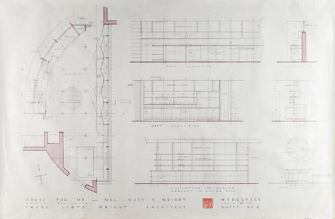 Frank Lloyd Wright: Hand-drawn design of the "Workspace" for "Mr. and Mrs. Duey E. Wright" executed under Wright's oversight at his studio, one page, 45 x 29.5, signed in pencil by Frank Lloyd Wright inside a hand-drawn