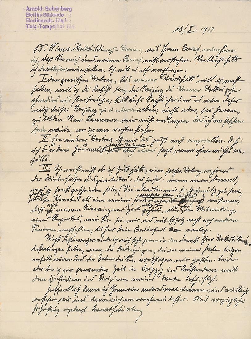 Arnold Schonberg: Austrian-born composer (1874–1951) whose development of the 'twelve-tone' system proved to be one of the most far-reaching innovations in the history of 20th century music. ALS in German, one page,