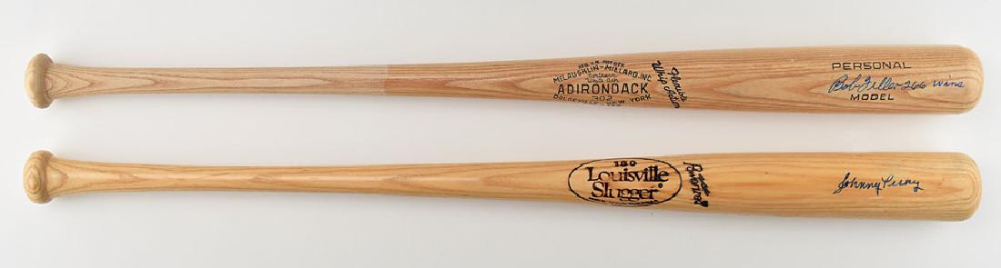 Bob Feller and Johnny Pesky: Two baseball bats: an official Adirondack baseball bat signed in blue felt tip on the barrel, "Bob Feller, 266 Wins"; and an official Louisville Slugger baseball bat signed in blue felt tip on the bar