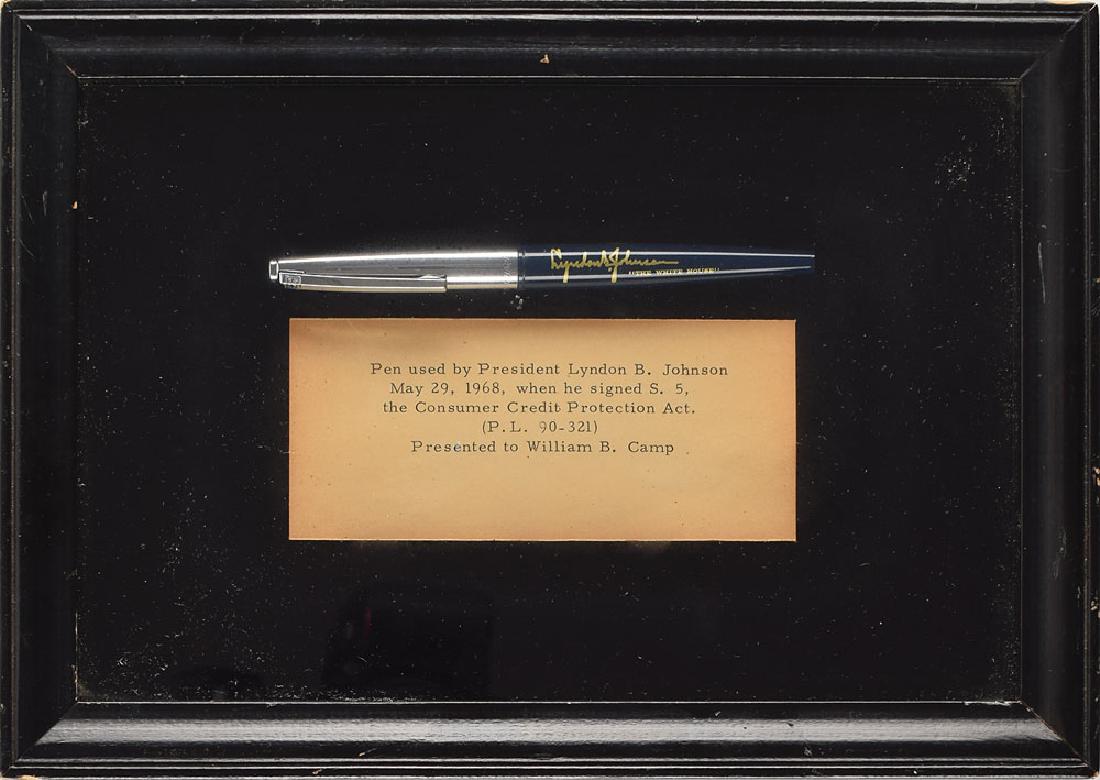 Lyndon B. Johnson: Notable felt tip pen used by President Lyndon B. Johnson to sign the ‘Consumer Credit Protection Act’ (P. L. 90-321). The official 'bill signer' Eversharp pen measures 5.25? long and features a na