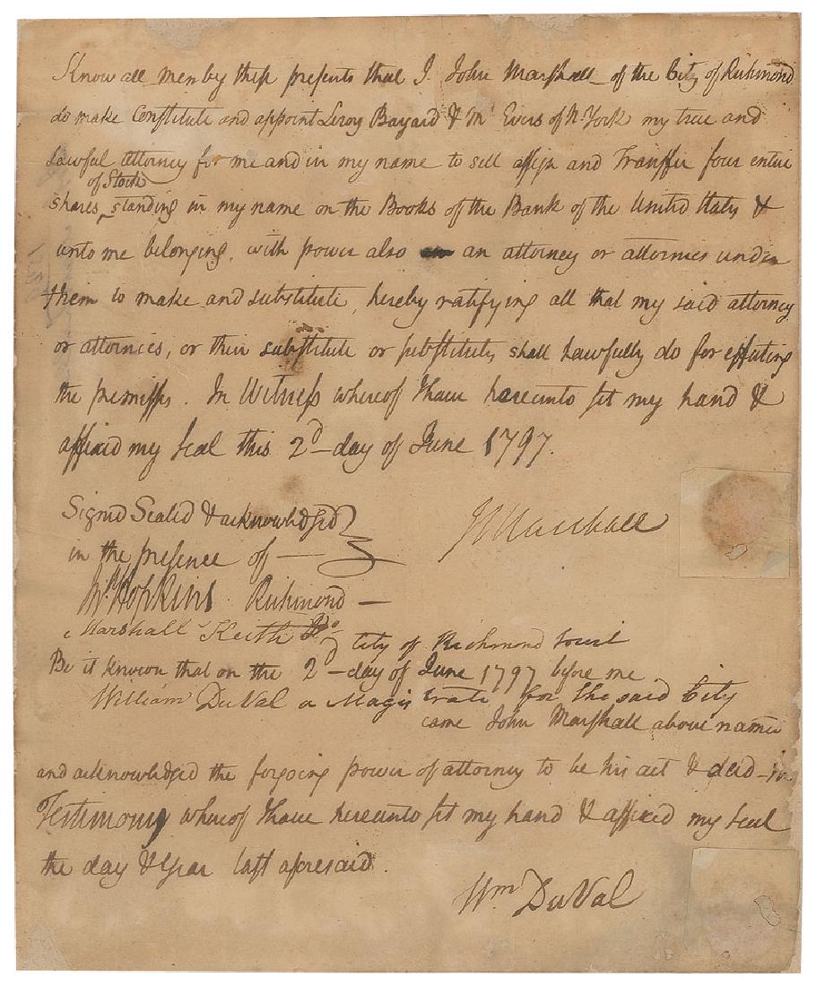 John Marshall: Scarce manuscript DS, signed “J. Marshall,” one page, 8 x 9.75, June 2, 1797. Legal document in which Marshall appoints counsel to transfer stock, in part: "I John Marshall of the City of Richmond