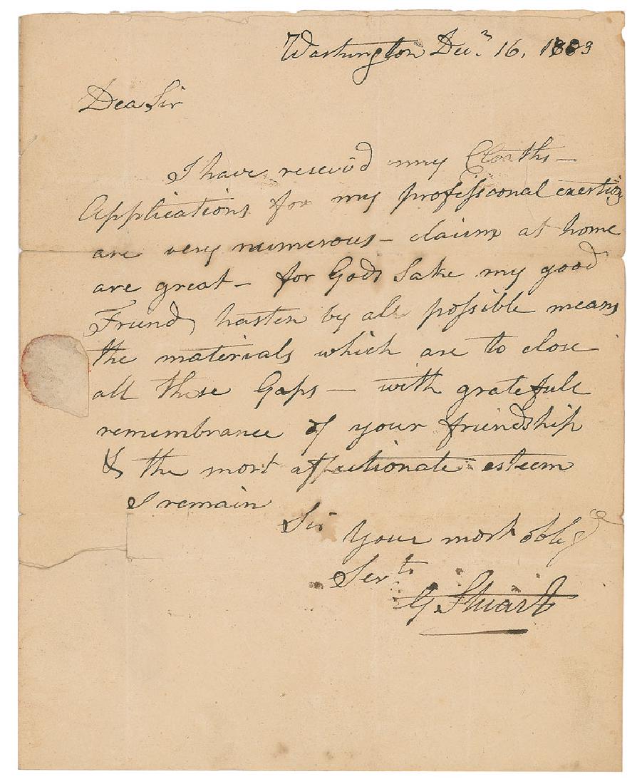 Gilbert Stuart: Foremost portraitist (1755 - 1828) of the American Revolution, remembered for his paintings of George Washington, including the 'unfinished portrait' found on the one-dollar bill. Exceedingly rare ALS