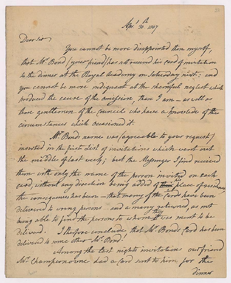 Benjamin West: Distinguished Anglo-American artist (1738 - 1820) best known for his large-scale paintings of historical scenes. ALS signed “Benj'n West,” one page both sides, 7.25 x 9, April 30, 1807. Letter to