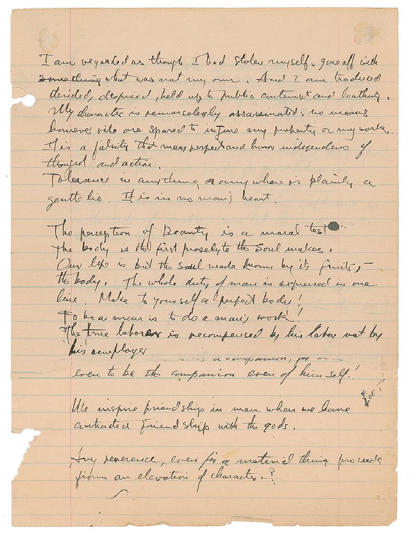 Frank Lloyd Wright: Handwritten manuscript by Frank Lloyd Wright, unsigned, two pages (one measuring 8 x 7.25 and the other 8 x 10.5, affixed together at the top), no date but circa 1926. Ramblings from a man who has lov