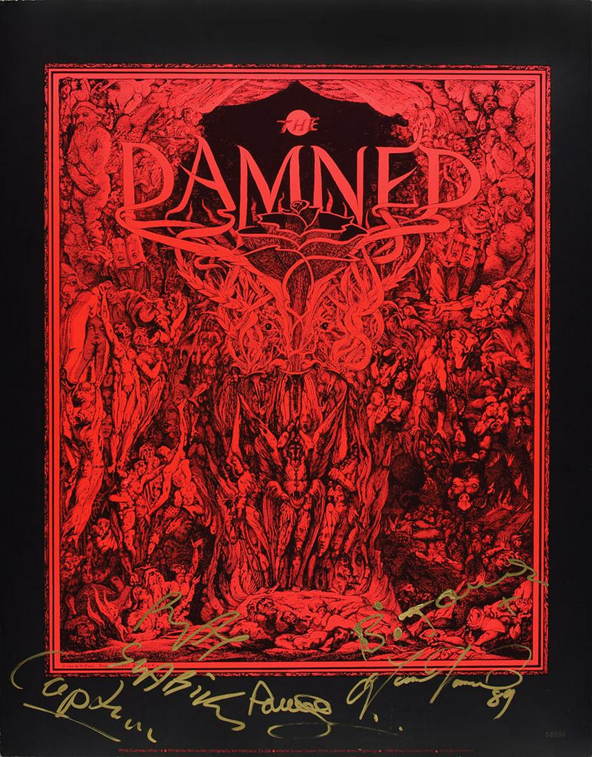 The Damned Signed Poster: Impressive red-and-black 22.25 x 28.5 poster for the British post-punk band The Damned, showing artwork by Lee Conklin from a brilliant 1805 engraving by William Blake entitled 'The Day of Judgment,'
