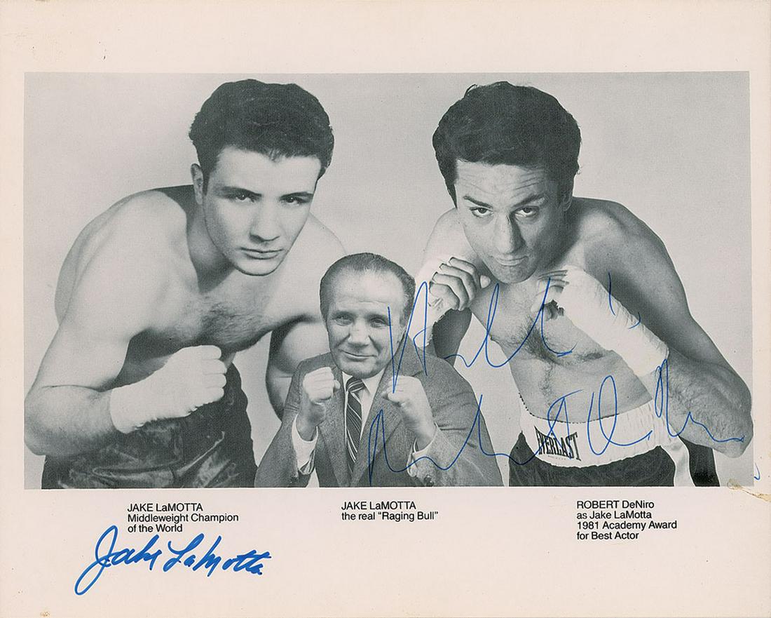Robert De Niro and Jake LaMotta Signed Photograph: Sought-after glossy 10 x 8 cardstock photo of world middleweight champion boxer Jake LaMotta, showing him during his fighting career and in later age, and Robert De Niro as he portrayed LaMotta in the