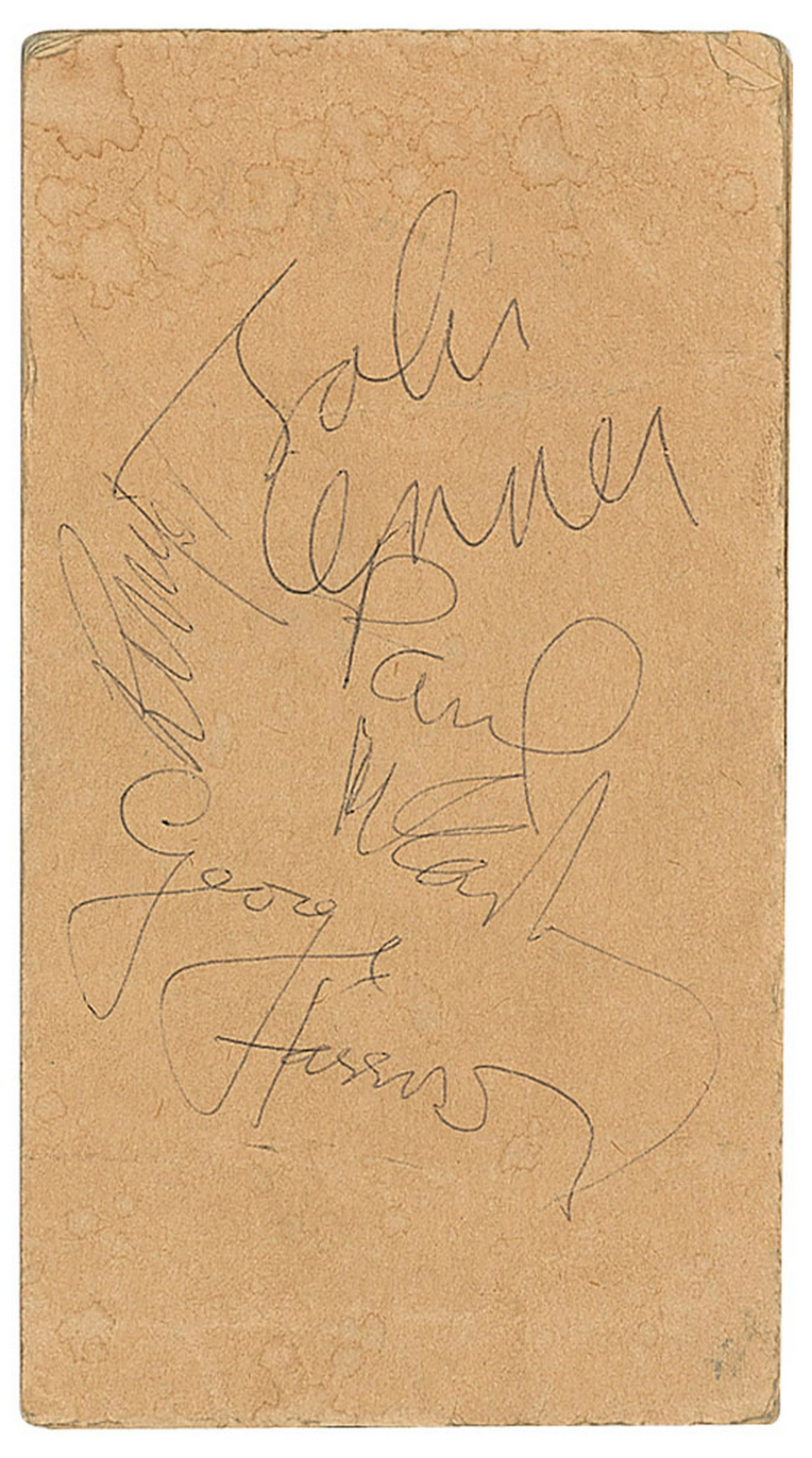 Beatles: Vintage ballpoint signatures, "John Lennon," "Paul McCartney," "George Harrison," and "Ringo," on the back cover of a 3.5 x 6.25 process record book belonging to a London policeman. In very good to fi