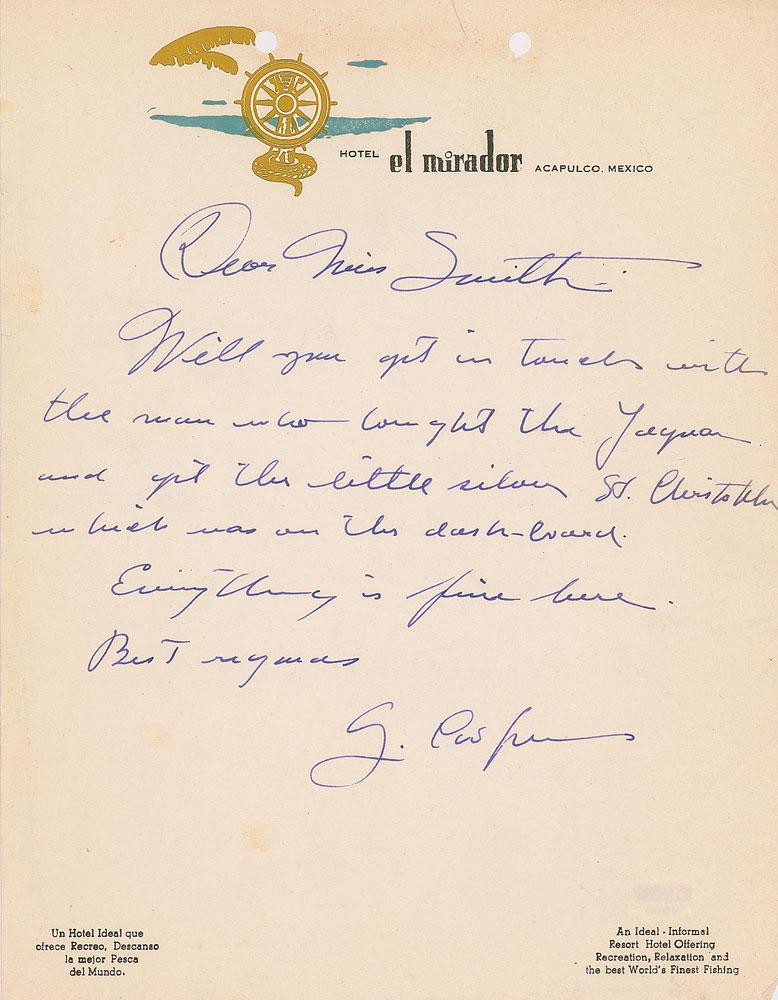 Gary Cooper: ALS signed “G. Cooper,” one page, 8.5 x 11, El Mirador Hotel letterhead, no date. Letter to Miss Smith, in full: "Will you get in touch with the man who bought the Jaguar and get the little silver