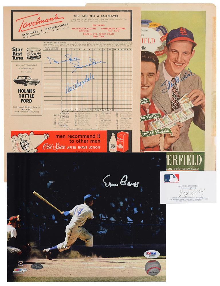 Baseball Hall of Famers: Group lot of four items signed by a Major League Baseball (MLB) Hall of Famer, including: a personal MLB business card belonging to Bud Selig, who signs in black ink; a color glossy 10 x 8 photo of Er