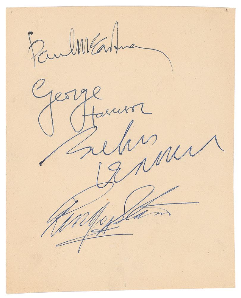 Beatles 1963 Signatures: Outstanding vintage circa late 1963 ballpoint signatures, "Paul McCartney," "George Harrison," "John Lennon," and "Ringo Starr,” on an off-white 5.25 x 6.5 album page. In fine condition. Accompa