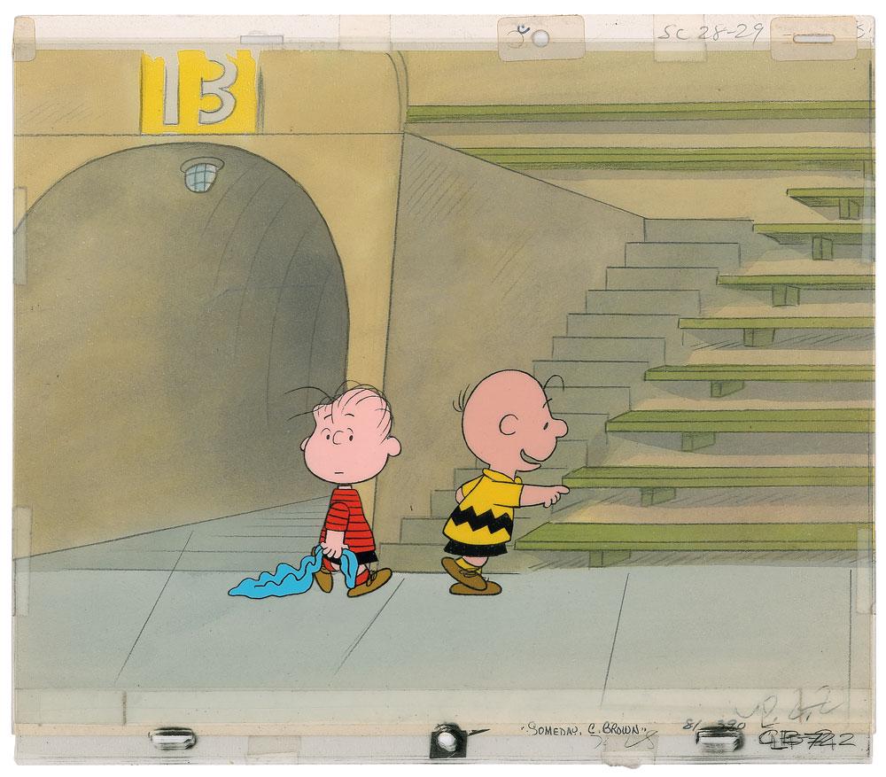 Charlie Brown and Linus van Pelt production cels and: (Bill Melendez Productions, 1981) Fantastic original production cel set-up featuring Charlie Brown and Linus van Pelt from the prime time TV special Someday You'll Find Her, Charlie Brown, which depic