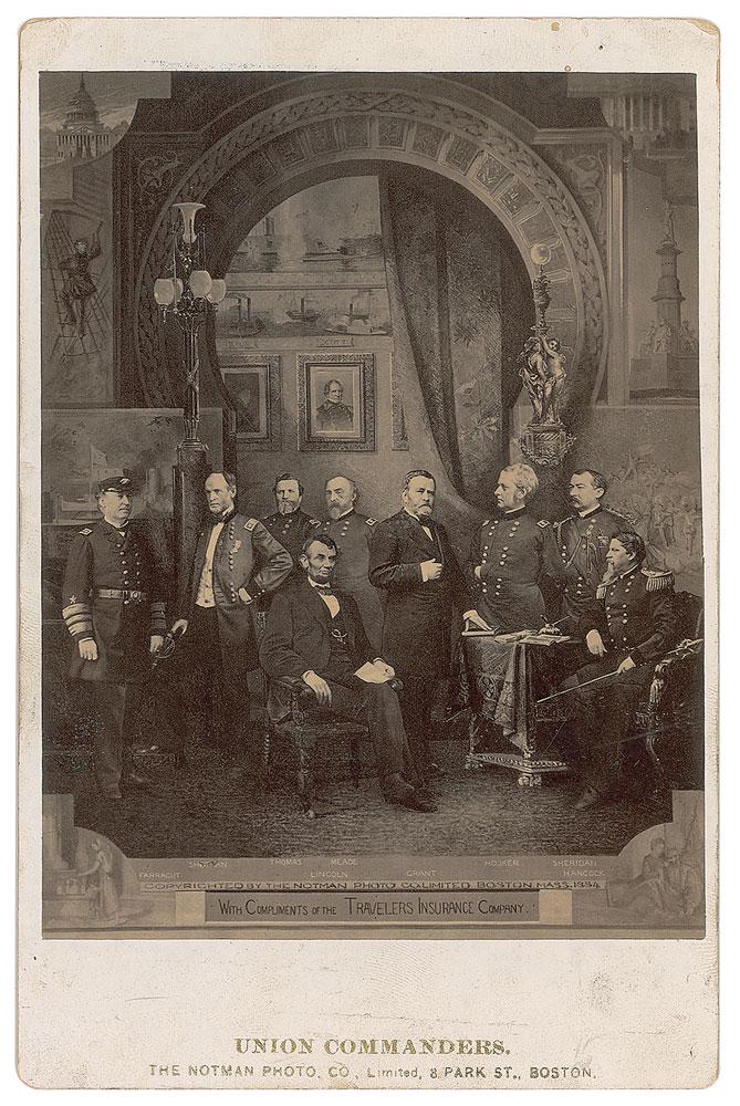 Abraham Lincoln: Scarce 4.25 x 6.5 cabinet photo of Abraham Lincoln surrounded by his Union commanders: David Farragut, William Tecumseh Sherman, George Henry Thomas, George Meade, Ulysses S. Grant, Joseph Hooker, Phi