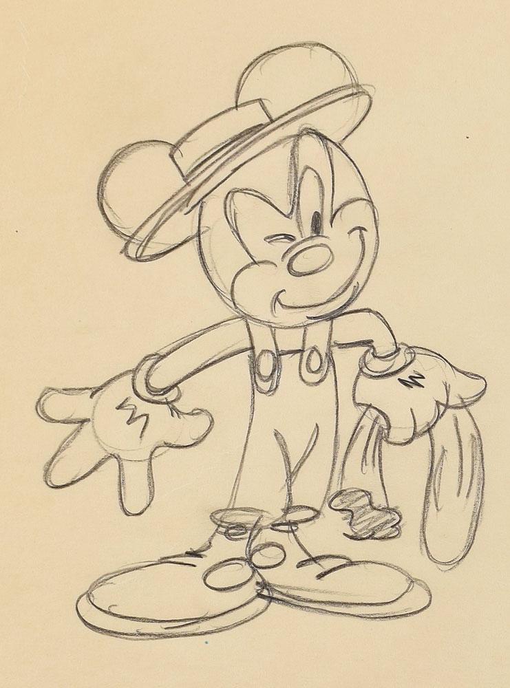 Mickey Mouse production drawing from The Little: (Walt Disney Studios, 1941) Original production drawing featuring Mickey Mouse from The Little Whirlwind, showing the classic mouse in his farmer's overalls and hat. Accomplished in graphite on untrim