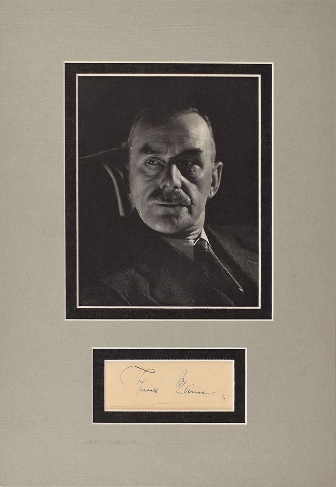 Thomas Mann: Vintage fountain pen signature, "Thomas Mann,” on an off-white 4 x 1.5 sheet. Double-matted with a photo of the Nobel Prize-winning author to an overall size of 11 x 16. In fine condition. Format: S