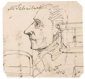 Robert Fulton: Original ink sketch of a side-facing view of a gentleman with surrounding mechanical diagrams accomplished by Fulton on an off-white 2.5 x 2.5 clipped sheet, titled at the top, â€œM. Schriber,&rdq