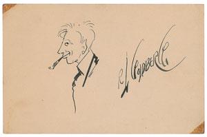 Rube Goldberg: Original sketch by Rube Goldberg of a man smoking in profile, accomplished in ink on an off-white 5 x 3.25 card, signed â€œR. Goldberg.” In fine condition, with old tape stains to two corner