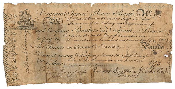 Peyton Randolph and John Blair Document Signed: Partly-printed DS, signed “P'on Randolph" and "John Blair,” one page, 6 x 3, April 1, 1773. Promissory note from the James River Bank of Virginia, issued by Robert Carter Nicholas, the "Treasurer