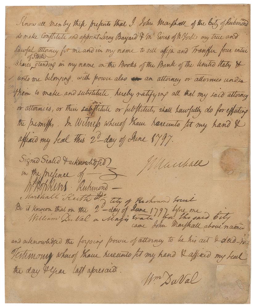 John Marshall: Scarce manuscript DS, signed “J. Marshall,” one page, 8 x 9.75, June 2, 1797. Legal document in which Marshall appoints counsel to transfer stock, in part: "I John Marshall of the City of