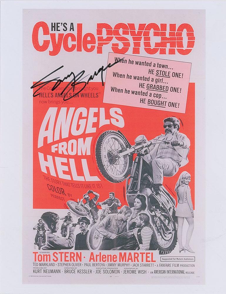 Hell's Angels: Sonny Barger: Set of three color prints of posters for outlaw biker films Hell's Angels '69, Angels from Hell, and Hells Angels on Wheels, 8.5 x 11 and 11 x 8.5, each signed in black felt tip by Sonny Barger, the f