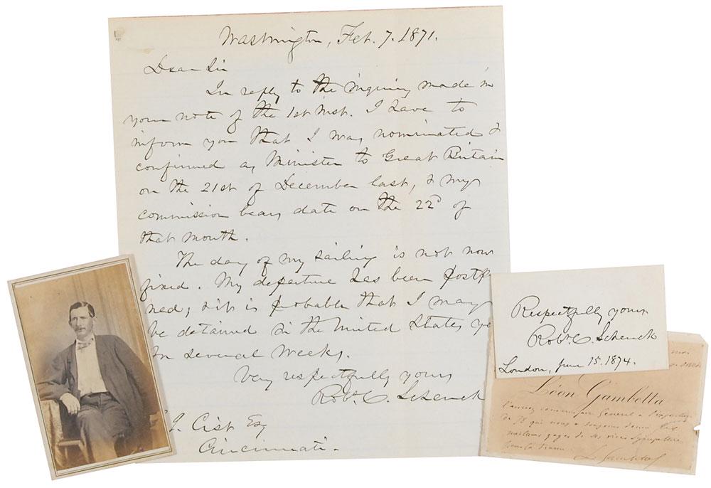 World Leaders: Collection of six items signed by world leaders and royalty, including: Prince Emanuele Filiberto (SP), Leon Gambetta (ANS), Robert C. Schenck (ALS and signature), C. H. Gibbs (SP), and Nina Hamilton