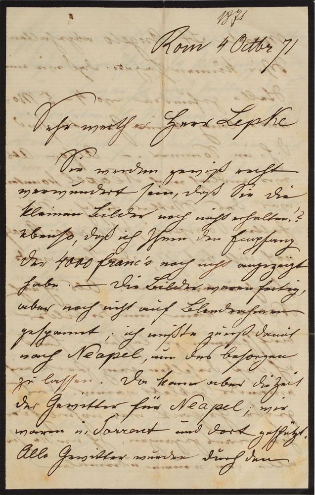 Oswald Achenbach: Important German realist landscape painter and art teacher (1827–1905). ALS in German, signed “Osw. Achenbach,” four pages on two adjoining black-bordered sheets, 5.25 x 8.25, Octobe